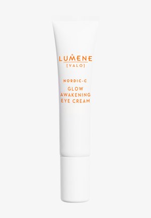 Lumene Nordic-C Glow Awakening Øjencreme i et hvidt cylindrisk rør med orange tekst og hvid hætte, mod en ensfarvet baggrund.