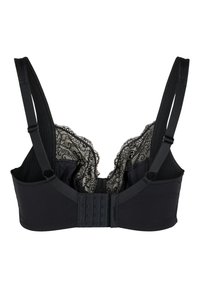 Black bra with a textured design, lace trim along the top edge, and adjustable straps. Features a hook and eye closure at the back.