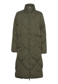 Quilted lang frakk i olivengrønn med høy krage, full glidelås foran og sidelommer. Har diamantmønster og myk, puffet tekstur.