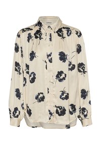 Cream-colored blouse with black floral pattern, button-up front, collar, long sleeves, pleated shoulder detail, and curved hemline.