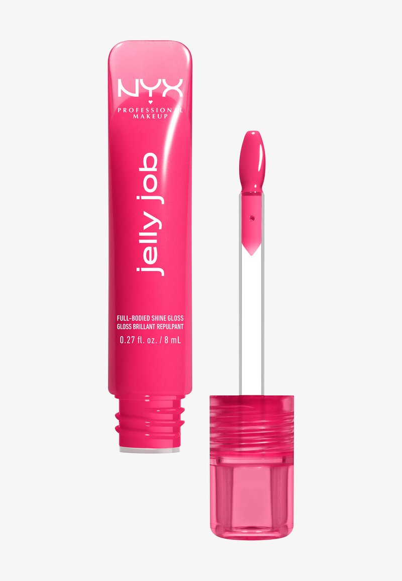 NYX Jelly Job læbepomade i en lys pink tube med flad applikator. Gennemsigtig bund viser produktets niveau. Hvid tekst på tuben.