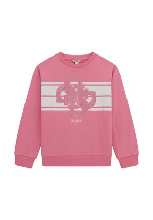 Felpa rosa realizzata in tessuto morbido, con un grande logo in dettagli luccicanti e strisce orizzontali bianche sul petto. Maniche lunghe.