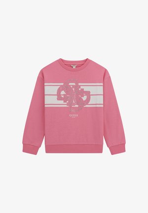 Rosa sweatshirt gjort av mjukt tyg, med en stor logotyp i glittrande detaljer och vita horisontella ränder över bröstet. Långa ärmar.