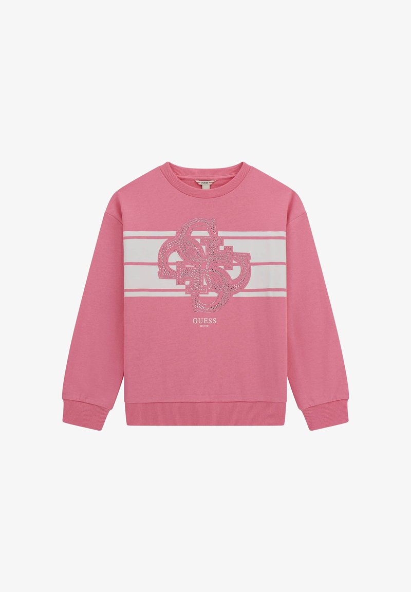 Felpa rosa realizzata in tessuto morbido, con un grande logo in dettagli luccicanti e strisce orizzontali bianche sul petto. Maniche lunghe.