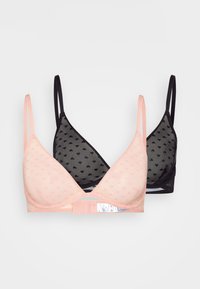 Two triangle bras, one peach with dotted texture and adjustable straps, and one black with similar pattern, both featuring a clasp closure.