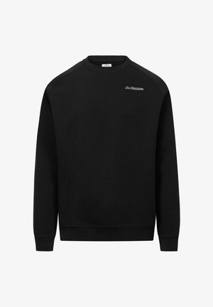 Felpa nera realizzata in tessuto morbido. Presenta una scollatura rotonda, cuciture sulle spalle e un piccolo logo bianco sul petto a sinistra.