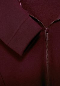 Manche d'une veste polaire bordeaux pliée près d'une fermeture éclair bordeaux fermée à l'avant de la veste.