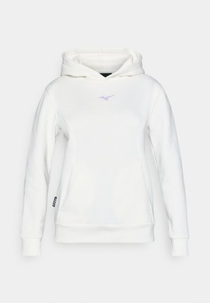 Sweatshirt branco feito de tecido macio com um bolso tipo canguru. Apresenta um pequeno logo roxo no peito e punhos e bainha canelados.