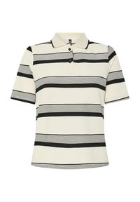 Krämfärgad polo-shirt med svarta horisontella ränder, med krage och korta ärmar. Enkel och avslappnad design.