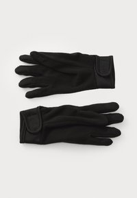 Gants en polaire noire avec une texture antidérapante sur les doigts et les paumes. Équipés de poignets élastiques pour un ajustement serré. Texture douce et lisse sur toute la surface.