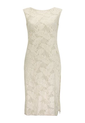 Ärmelloses beiges Spitzenkleid mit Blättermuster, knielang, figurbetont und mit Seitenschlitz.