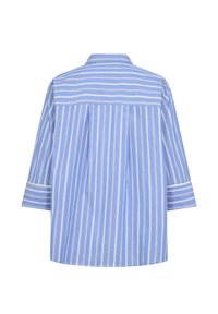 Camicia a righe blu e bianche con colletto, maniche a tre quarti e dettaglio a piega sul retro. Realizzata in tessuto di cotone leggero.