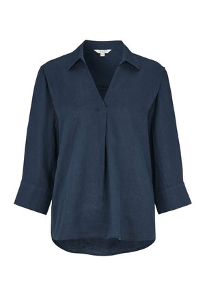 Laivastonsininen naisten pusero, jossa on kolme neljäsosaa hihan pituudesta, avoin V-aukko ja edessä laskosdetaili, valmistettu kevyestä kankaasta.