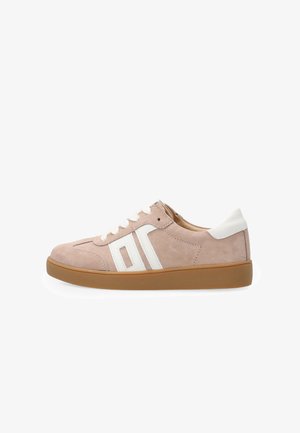 Light pink suede sneaker with white laces, white accents on sides, and a brown rubber sole, shown from the outer side.