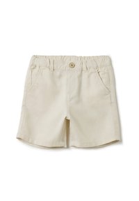 Shorts beiges en tissu doux, dotés d'une taille élastique, d'une fermeture à bouton et de deux poches latérales. Texture lisse et coupe droite.