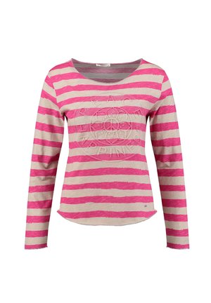 Langarmbluse in Beige mit kräftigen rosa Streifen. Verfügt über einen runden Halsausschnitt und ein strukturiertes Logo-Detail auf der Vorderseite, mit einem abgerundeten Saum.