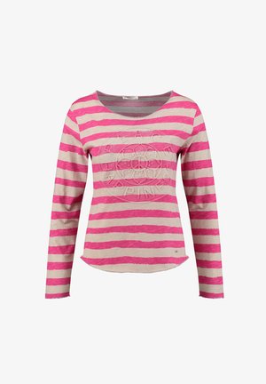 Langarmbluse in Beige mit kräftigen rosa Streifen. Verfügt über einen runden Halsausschnitt und ein strukturiertes Logo-Detail auf der Vorderseite, mit einem abgerundeten Saum.