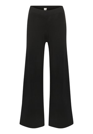 Fekete, bő szárú nadrág puha anyagból, rugalmas derékrésszel és sima textúrával, amely lágyan hullámzó siluettet alkot.