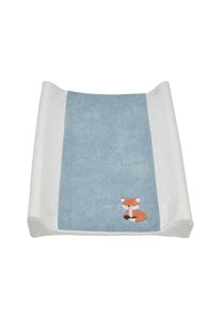 Baby changing pad with a blue terry cloth center and white textured sides featuring multicolored dots. An embroidered fox is in the corner.