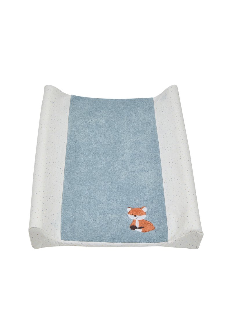 Baby changing pad with a blue terry cloth center and white textured sides featuring multicolored dots. An embroidered fox is in the corner.