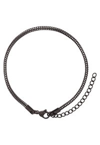Cintura in catena nera con design intrecciato, chiusura a gancio a aragosta e prolunga della catena regolabile per una vestibilità versatile.