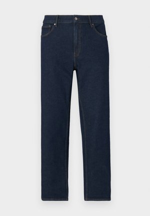 Dark blue denim jeans with a straight cut, five-pocket design, and visible stitching. Features a button closure at the waist.