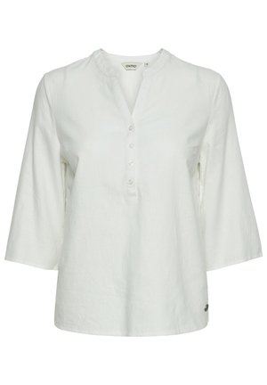 White linen blouse with a round neckline and four buttons, featuring three-quarter length sleeves and a relaxed fit. Small logo on the hem.