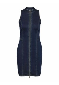 Jeans obleka v temno modri barvi, brez rokavov z visokim ovratnikom. Ima sprednji zadrgo in kontrastno šivanje ob šivih. Prilega se telesu.