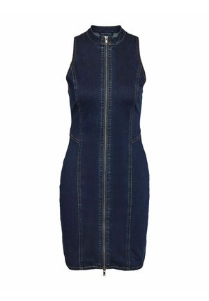Tamna plava traper haljina bez rukava s visokom ovratnikom. Ima prednji patentni zatvarač i kontrastne šavove duž šavova. Prikladnog je kroja.