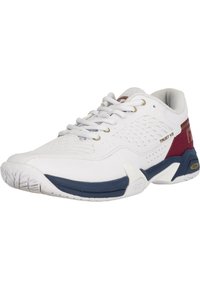 Vitaid sportskor i vitt med marinblå och burgundy detaljer, meshpaneler, guldfärgade öglor och texturerad gummisul för bra grepp.