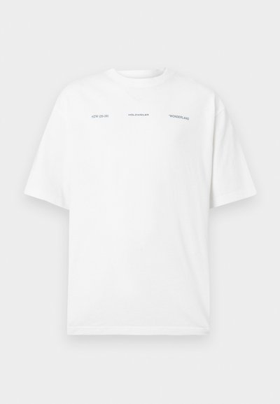 White cotton t-shirt with short sleeves, round neckline, and printed text. Text includes "HZW (25-26)", "HOLZWEILER", and "WONDERLAND".