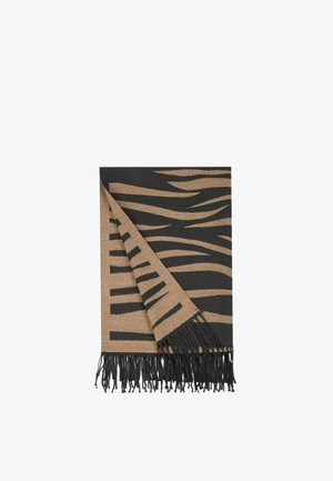 Plaid da cauda a strisce marroni e nere realizzata in morbido tessuto, con frange lungo il bordo inferiore e un audace motivo di stampa animale.