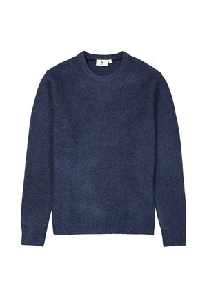 Navyblauwe trui van een zachte, gestructureerde stof. Voorzien van een ronde halslijn en lange mouwen met geribbelde manchetten en zoom.