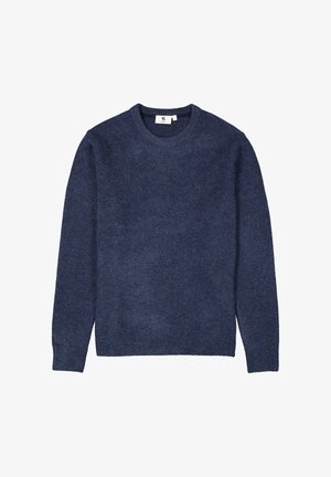 Navyblauwe trui van een zachte, gestructureerde stof. Voorzien van een ronde halslijn en lange mouwen met geribbelde manchetten en zoom.