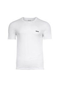 Weißes T-Shirt mit kurzen Ärmeln, aus Baumwolle gefertigt, mit einem kleinen schwarzen "BOSS"-Logo auf der linken Brustseite. Glatte Textur, klassisches Rundhalsdesign.