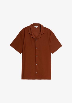 Kurzärmliges, knöpfbares Hemd aus geripptem, rostfarbenem Stoff. Verfügt über einen eingekerbten Kragen und fünf glänzende, runde Knöpfe auf der Vorderseite.