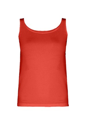 Rød tanktop lavet af et blødt, strækbart stof. Den har en rund halsudskæring, tynde stropper og en tætsiddende silhuet.