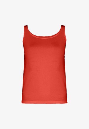 Rød tanktop lavet af et blødt, strækbart stof. Den har en rund halsudskæring, tynde stropper og en tætsiddende silhuet.