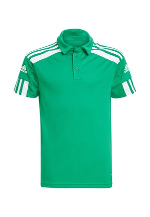 Grünes Poloshirt aus atmungsaktivem Stoff mit Kragen, zwei Knöpfen und weißen drei Streifen an den Schulterpartien. Mit Logo am Ärmel.