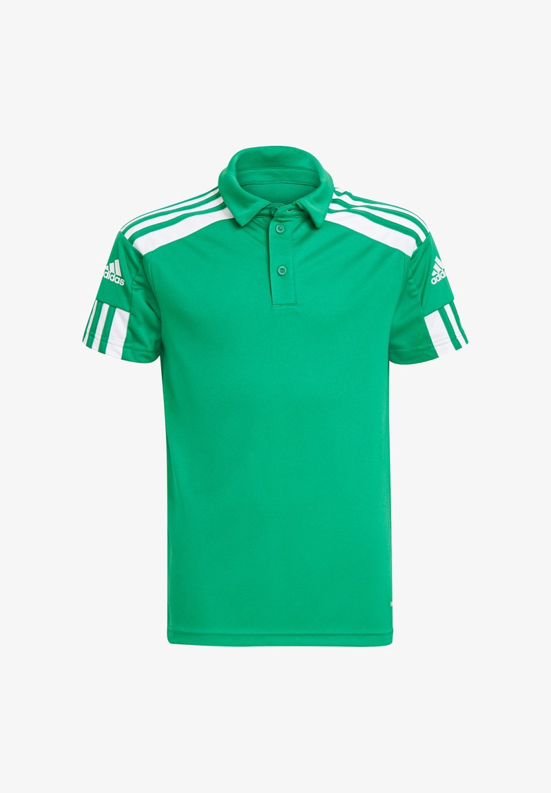 Polo vert en tissu respirant avec col, deux boutons et accents blancs à trois rayures sur les épaules. Dispose d'un logo sur la manche.