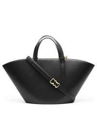 Sort læder tote taske med en bred, vinkelret form. Har dobbelt top-håndtag og en justerbar skulderrem med guldfarvet hardware accent.