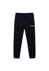 Granatowe spodnie dresowe wykonane z miękkiego materiału, z elastycznym pasem, sznurkiem do regulacji oraz białym logo na lewej uda. Nogawki wykończone ściągaczami.