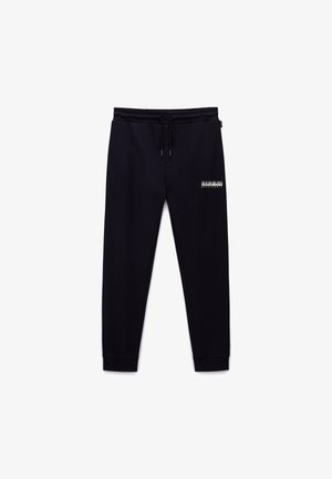 Tumesinised püksid pehmest kangast, millel on elastne vöökoht, pael ja valge logo vasakul reiel. Ääristatud pahkluud.