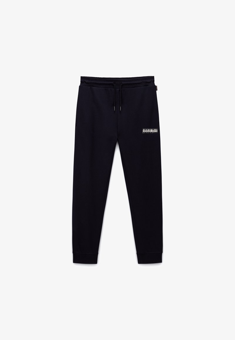 Pantaloni jogger bleumarin din material moale, cu talie elastică, șnur de ajustare și un logo alb pe coapsa stângă. Glezne cu manșetă.