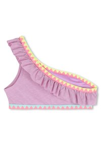 Débardeur lavande asymétrique avec un col à volants et une bordure triangulaire colorée en jaune néon et rose, avec une bande accent bleu clair.