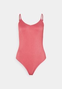 Pink ribbed one-piece swimsuit with thin straps, a v-neckline, and a slight shimmer. Features a high cut leg and smooth texture.