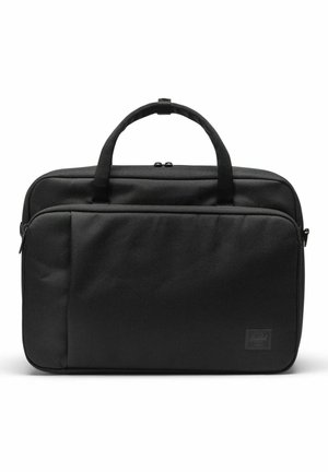 Sacoche d'ordinateur portable rectangulaire noire avec poche zippée à l'avant, doubles poignées et design minimaliste sur fond blanc.