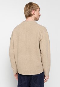 Maglione beige lavorato a maglia con una finitura tessurizzata e morbida. Presenta un orlo a coste, maniche lunghe e senza chiusure visibili.