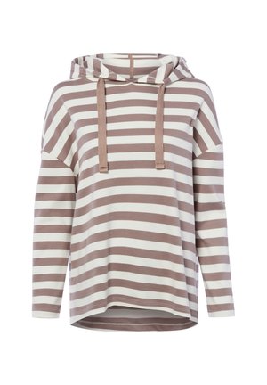 Sweat à capuche à manches longues avec des rayures horizontales beige et blanches et des cordons beiges au niveau de la capuche.