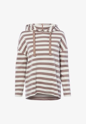 Sweat à capuche à manches longues avec des rayures horizontales beige et blanches et des cordons beiges au niveau de la capuche.